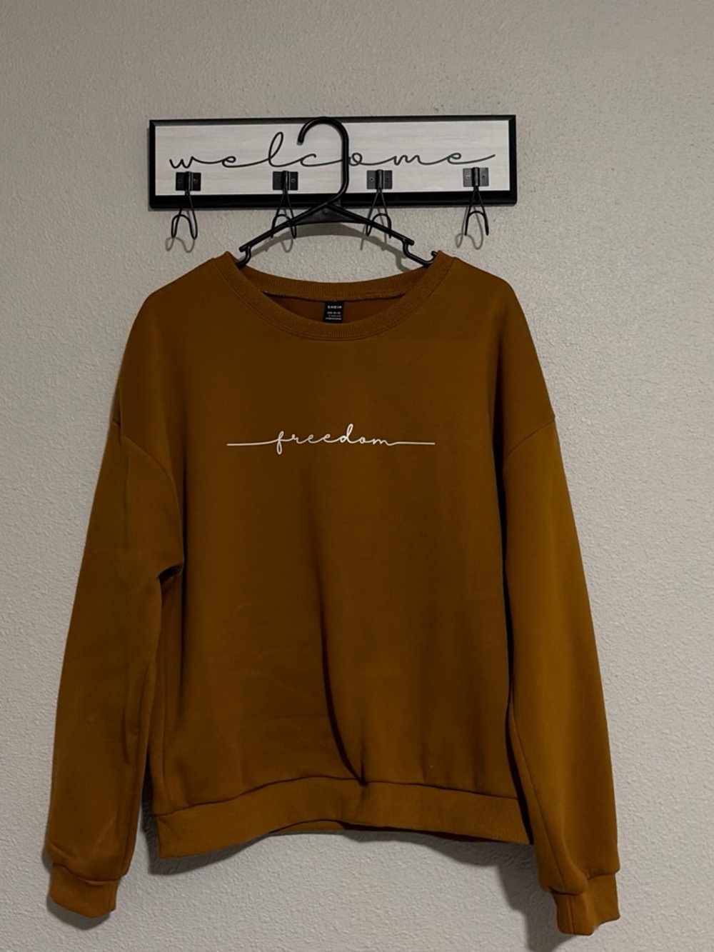 SHEIN Mustard Brown Crewneck Sweatshirt with 'freedom' Script